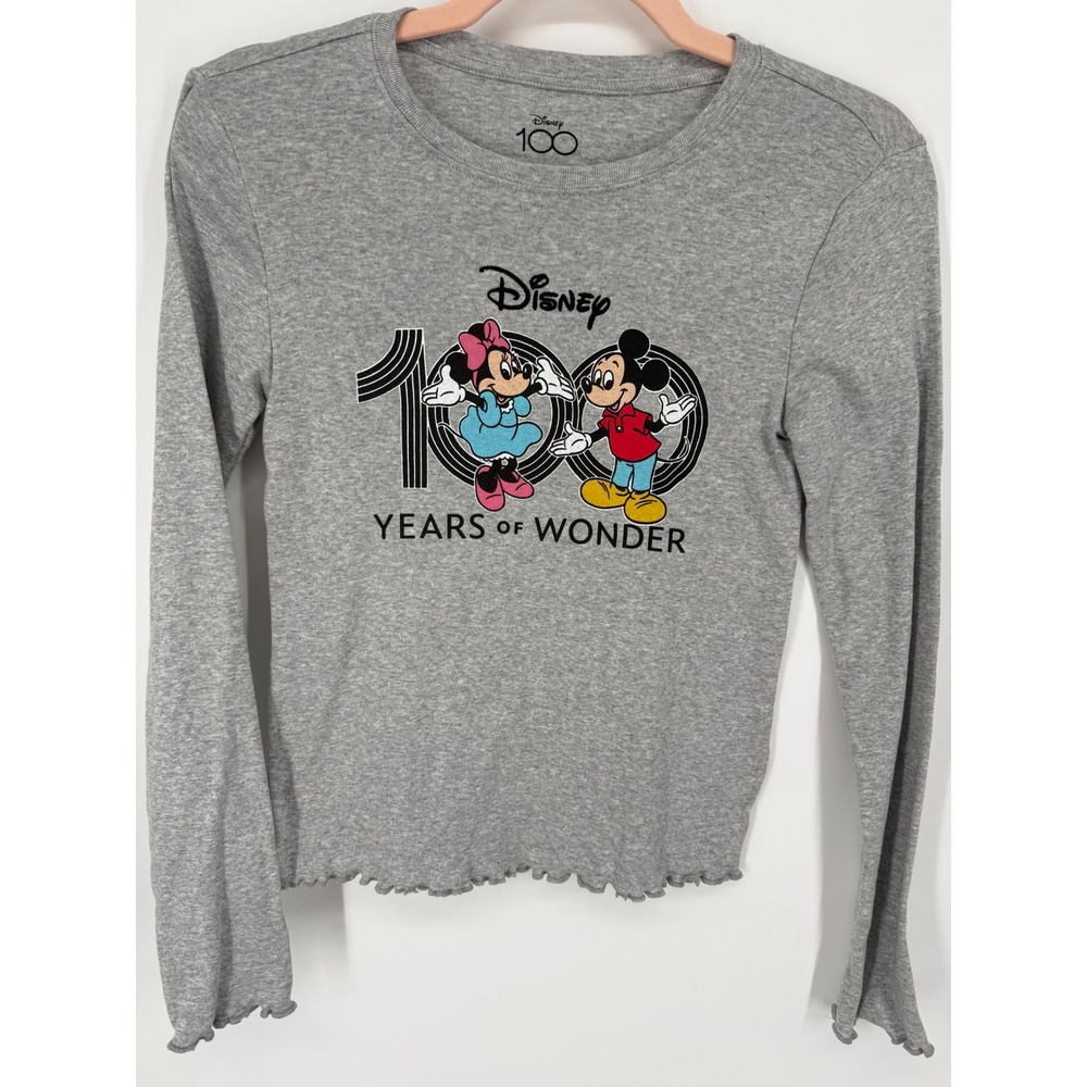 Disney Long Sleeve Shirt Women Small Grey 100 Years of Wonder Mickey Minnie Crop